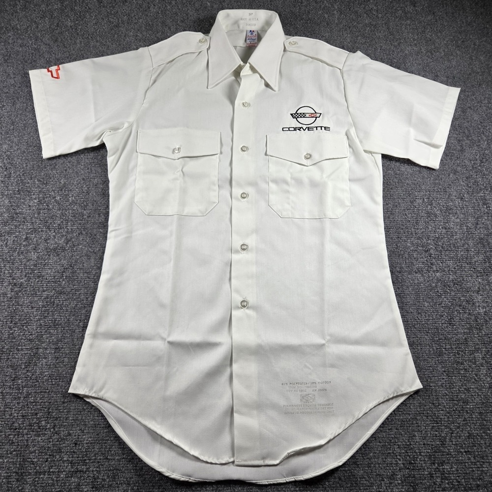 Vintage Flying Cross USA Button Up Shirt White Chevy Corvette Embroidered